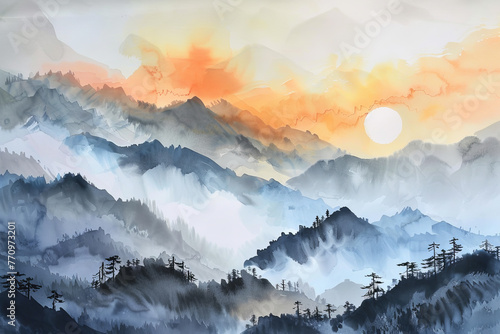 A painting of mountains with a sun in the sky