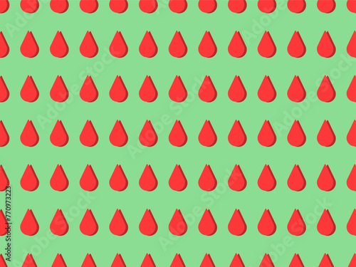 A seamless pattern made of red blood drops on green backdrop. A backdrop to your informatoin about donorship: slogans, information, lettering, propositions. World Blood Donor Day. Vector illustration.