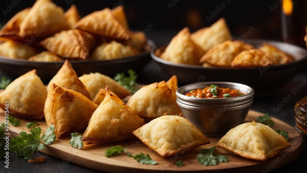 Deep fried samosas and dumplings gourmet appetizer Deep fried samosas and dumplings gourmet appetizer