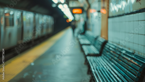 Blurred subway train at station bench