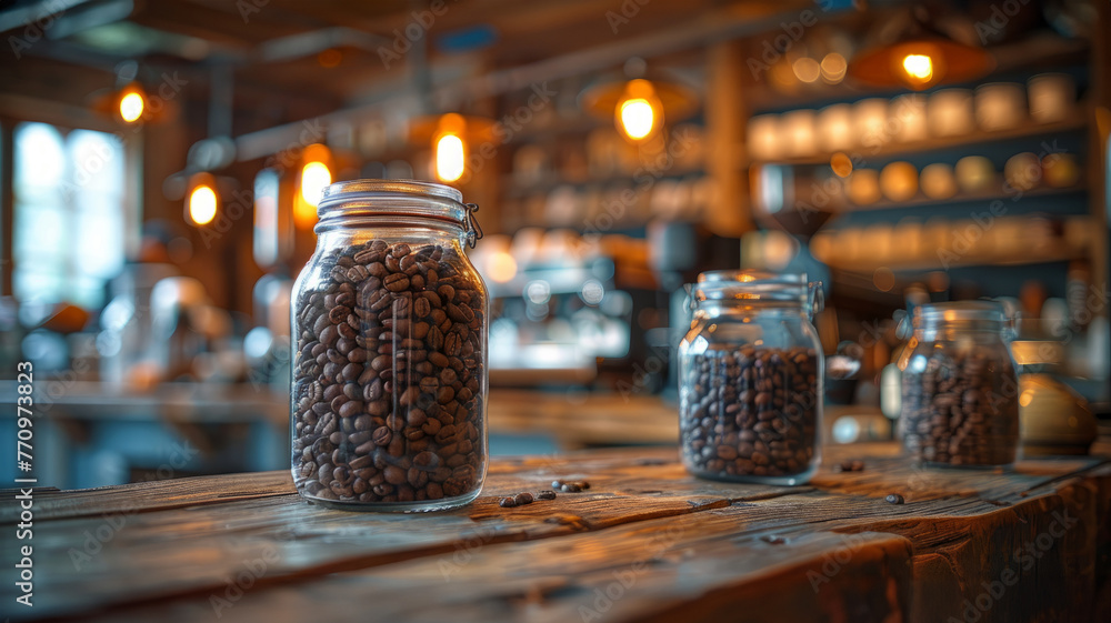 Glass jars of coffee beans on wooden table