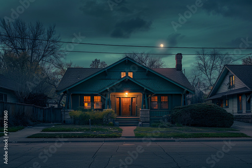 A serene suburban night, a dark emerald Craftsman style house stands still, the quiet of the neighborhood palpable, lit by the gentle glow of the moon