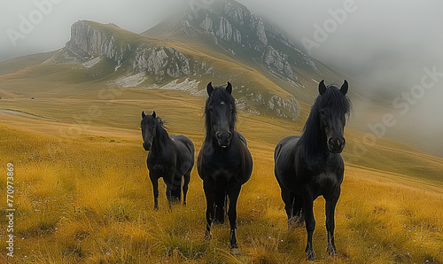 beautiful horses in a impressive beath taking landscape, generative ai photo