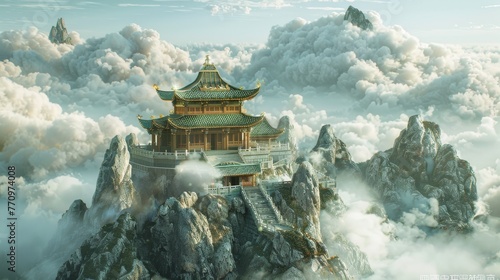 Fantasy landscape with mountains and ancinent architecture photo