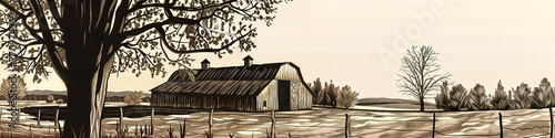 Vintage Farm Barn, in style of engraving, woodcut, Old-Fashioned Craftsmanship, Illustration, Poster, Card, Background, Beverage Industry Marketing, Bar MenRetro-Themed Decor
