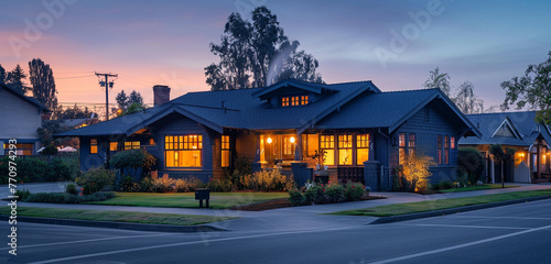 Dawn breaking over a muted indigo Craftsman style house, suburban streets bathed in the early light, quiet and peaceful, a serene start to the day