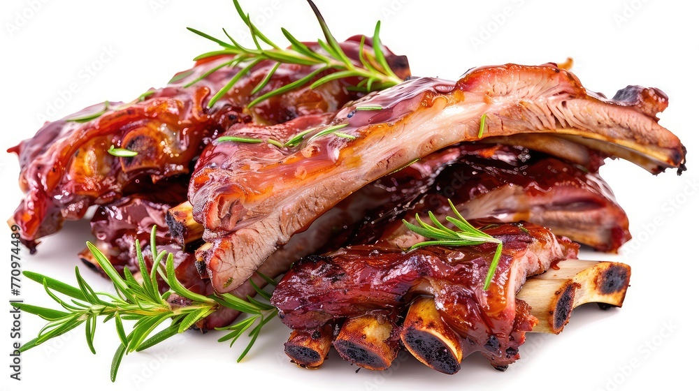 Grilled ribs on a white background. Savor the irresistible allure of these perfectly grilled ribs, their appetizing appearance enhanced against a pure white canvas. Grilled ribs on a white background. Savor the irresistible allure of these perfectly grilled ribs, their appetizing appearance enhanced against a pure white canvas.