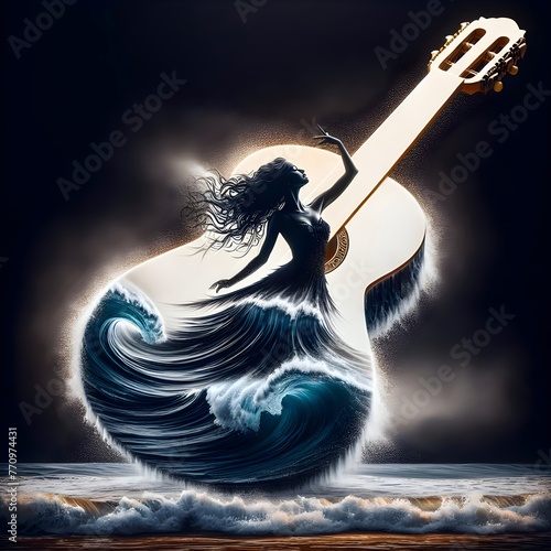 A surreal double exposure portrays a woman with a flowing hair and dress merging into the shape of a guitar amidst an ocean wave photo