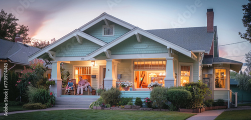 Evening's calm washing over a pastel mint Craftsman style house, the suburban day winding down, families inside, a gentle close to the day