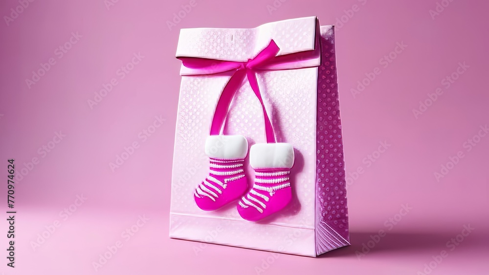 A pink and white baby gift bag with pink ribbon and pink baby socks