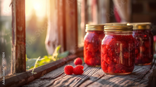 Jars of raspberry preserves on a shelf