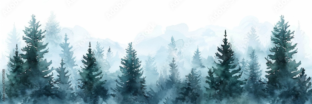 watercolor border of misty pine trees, creating an ethereal and dreamlike effect on the edges of your design project Generative AI - obrazy, fototapety, plakaty 