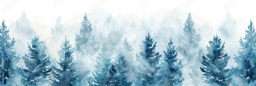 pattern of watercolor pine trees in the fog, with a white background The color palette is soft blue and grey, creating an ethereal atmosphere Generative AI - obrazy, fototapety, plakaty 