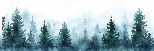 watercolor border of misty pine trees, creating an ethereal and dreamlike effect on the edges of your design project Generative AI © SKIMP Art