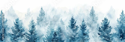 pattern of watercolor pine trees in the fog  with a white background The color palette is soft blue and grey  creating an ethereal atmosphere Generative AI