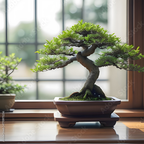 Bonsai tree in pot at window in home. Green small tree, bonsai, bending branches for decoration and collection.