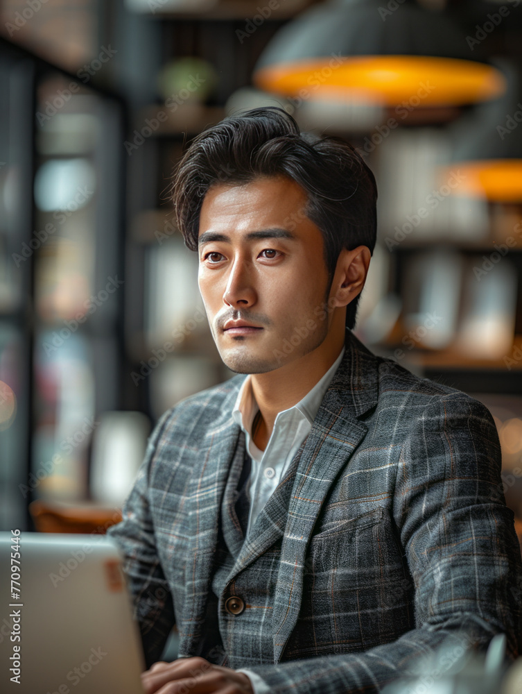 Stylish Chinese man, 25, signs documents, deep gray suit, office.generative ai Stylish Chinese man, 25, signs documents, deep gray suit, office.generative ai
