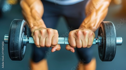 Man holding dumbbell in gym, flexing wrist and thumb