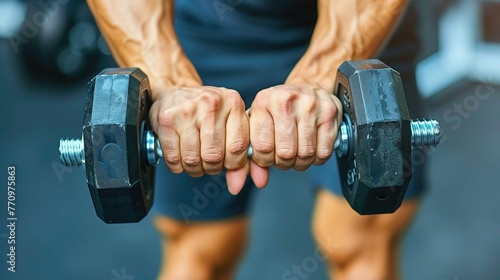 Man holding dumbbell in gym, flexing wrist and thumb