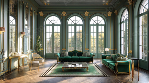 Interior of a classic hall room, in emerald and gold shades