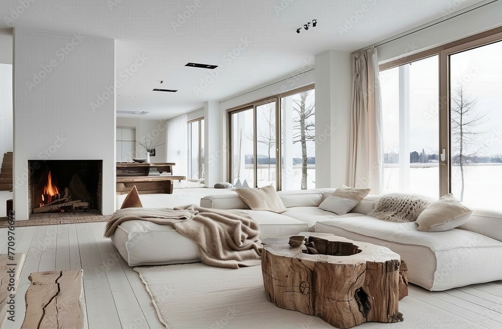 Fototapeta premium White modern living room with a wood burning fireplace, large windows and comfortable sofas