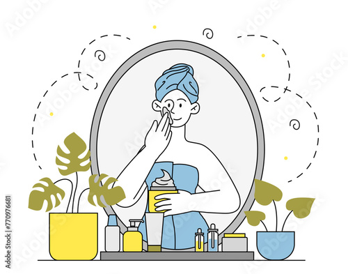 Woman with skin care vector doodle