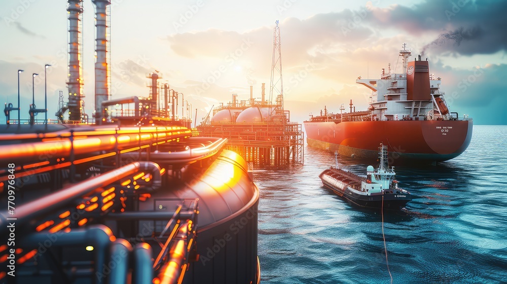 A large red cargo ship docked next to an industrial oil and gas tank storage complex. Industrial oil and gas storage complex by the sea. A large red cargo ship docked next to an industrial oil and gas tank storage complex. Industrial oil and gas storage complex by the sea.