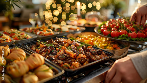 Assorted dishes at a buffet with warm lighting.