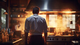 A chef standing with his back to the camera looking at the flames on the stove