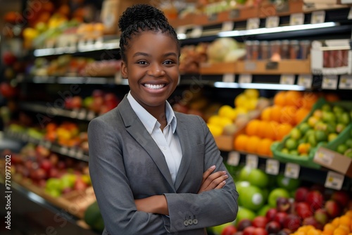 young black woman wearing a gray suit is smiling with her arms folded across her chest standing in her own fruit store