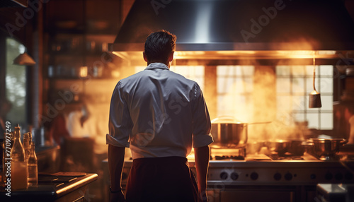 A chef standing with his back to the camera looking at the flames on the stove