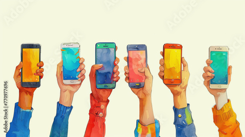 Vivid flat illustration of hand-held smartphones, ideal for web and social media,generative ai photo