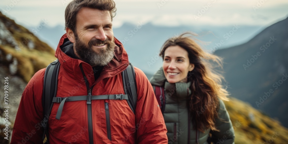 A happy couple of tourists are trekking in the Alpine mountains. generative AI. A happy couple of tourists are trekking in the Alpine mountains. generative AI.
