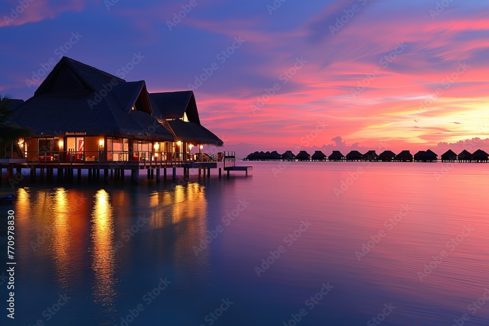 Tropical resort with overwater bungalows at sunset