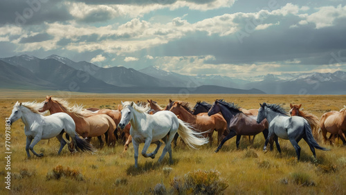 Majestic  Horses Charging in Dusty Elegance Oil Painting Digital Art Acryl and Oil Wallpaper Background © Korea Saii