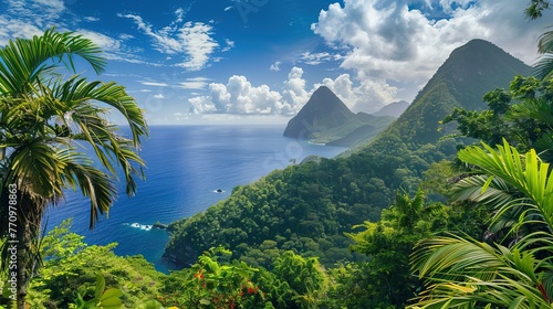 Tropical island view with iconic Pitons in Saint Lucia