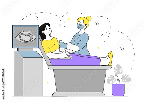 Woman with ultrasound vector doodle