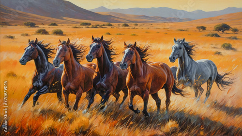 Majestic Horses Charging in Dusty Elegance Oil Painting Digital Art Acryl and Oil Wallpaper Background