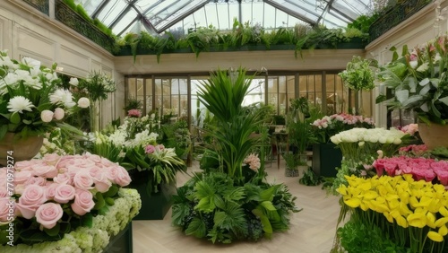 Wide angle view of Flower shop interior with variety of flowers and plants