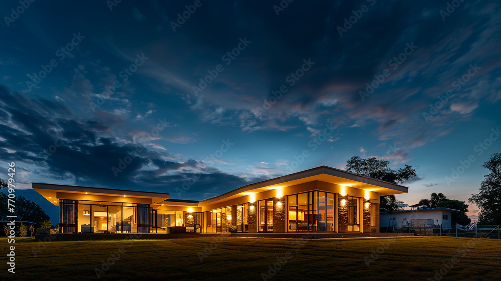 A wide-angle capture of a contemporary dwelling as night falls, with the house's architectural lines illuminated against the dark sky, creating a striking visual contrast and highlighting 