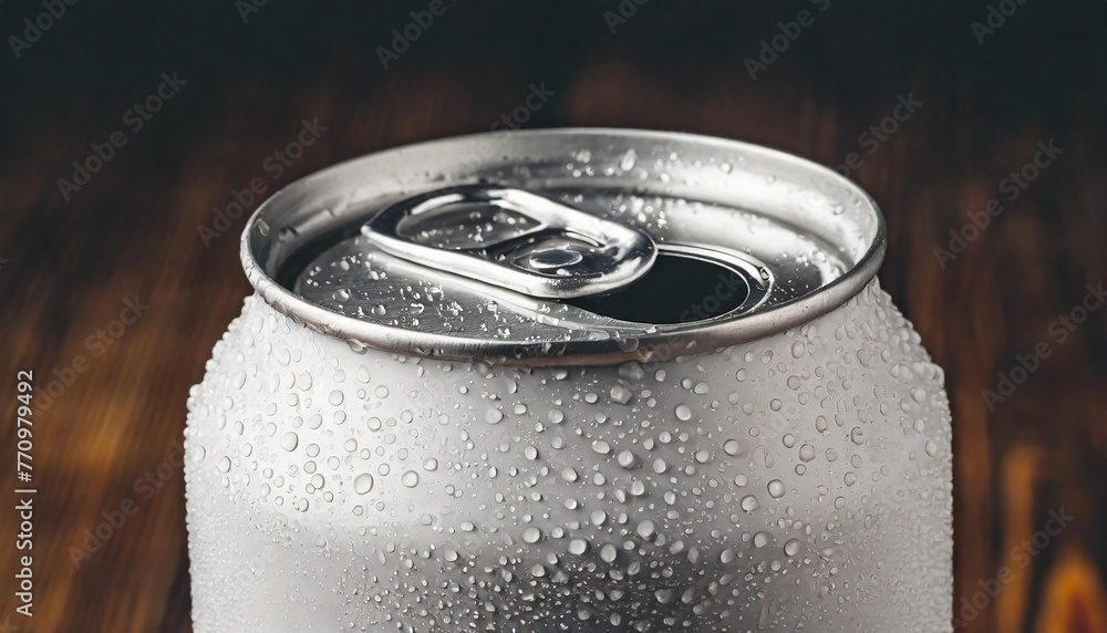Close-up shot of white aluminum can mockup with drops. Beer or soda drink package. Close-up shot of white aluminum can mockup with drops. Beer or soda drink package.