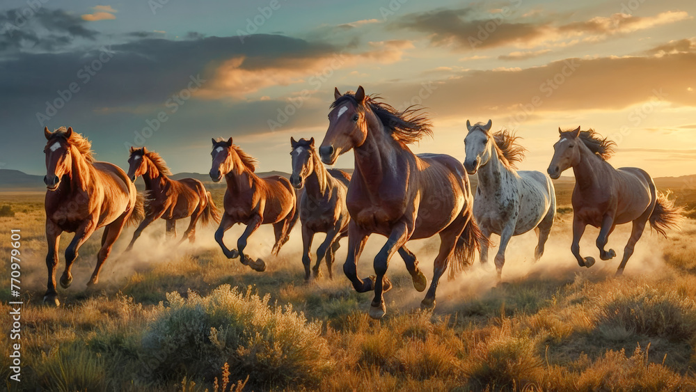 Fototapeta premium Majestic Horses Charging in Dusty Elegance Oil Painting Digital Art Acryl and Oil Wallpaper Background