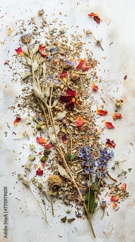 leaves dry flowers of herbal tea background.