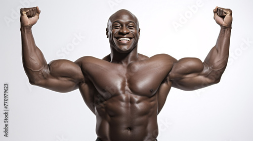 Handsome muscular black man flexing his muscles over white background