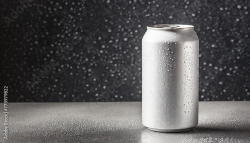 Close-up shot of white aluminum can mockup with drops. Beer or soda drink package.