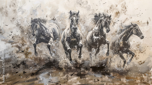 Majestic Horses Charging in Dusty Elegance Oil Painting Digital Art Acryl and Oil Wallpaper Background