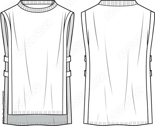 Women's Side Band Sleeveless Tunic. Technical fashion illustration. Front and back, white color. Women's CAD mock-up.