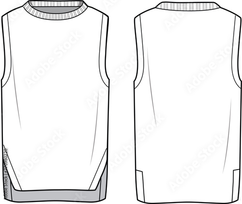 Women's Side Split, High Low Hem Knit Vest. Technical fashion illustration. Front and back, white color. Women's CAD mock-up.
