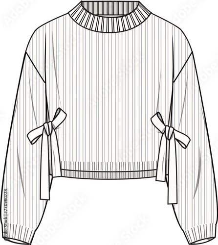 Women's Tie Side Jumper. Technical fashion illustration. Front, white color. Women's CAD mock-up.