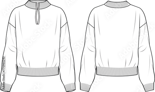 Women's Mock Neck, Slot Neck Jumper. Technical fashion illustration. Front and back, white color. Women's CAD mock-up.